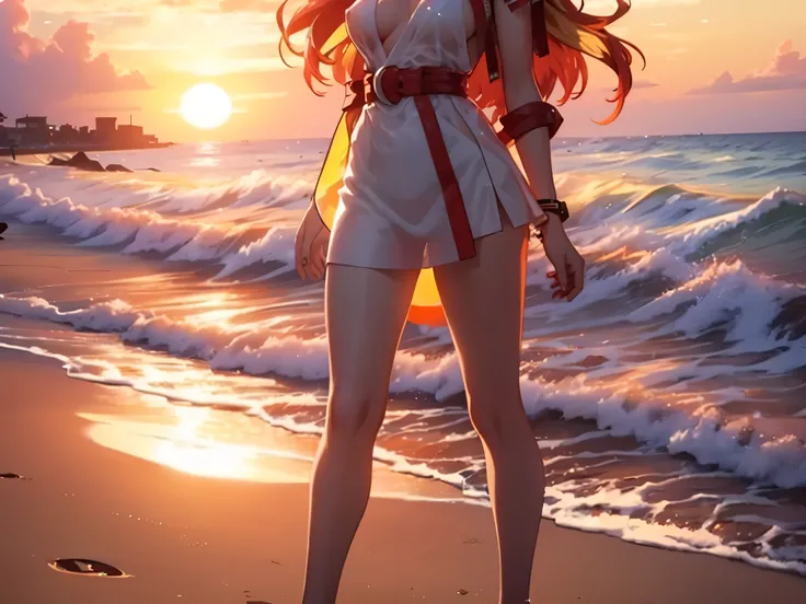 Sunsethuman, female, two-tone hair, red and yellow hair, naked in public on the beach, walking, smiling, transparent white dress, sunset, men looking at her