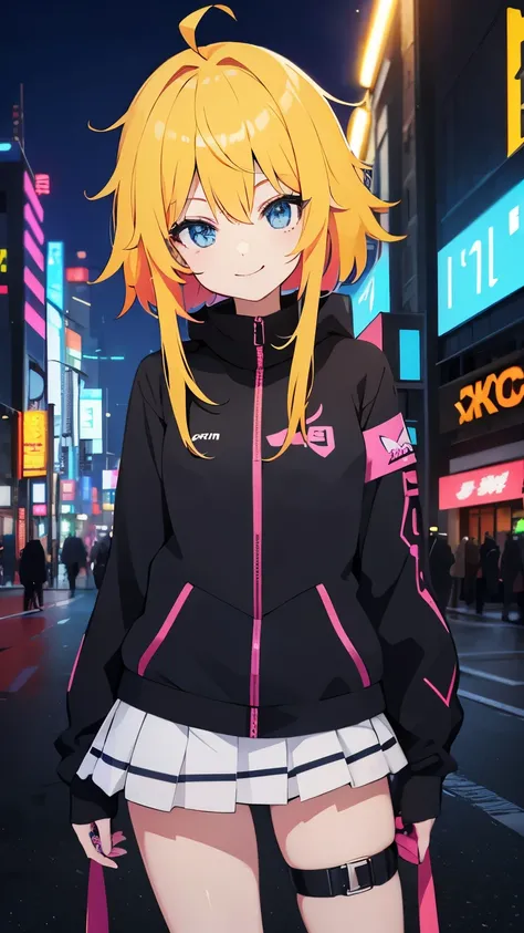 anime girl (<xml><input>quality 8k</input></xml>) cyberpunk style in a neon city, hair with different colors , smiling , flashy clothes
