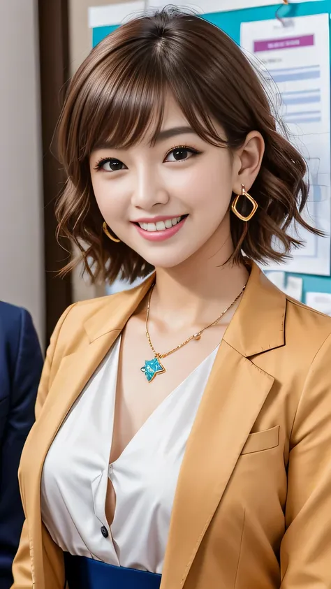 RAW Photos, High resolution, Very detailed, Intricate details, 、ear piercing、、short hair、Light brown hair、Office Lady Suits 、Jacket、shirt、smile、Beautiful teeth alignment、Heavy makeup、Necklace around the neck、, The background is the office
