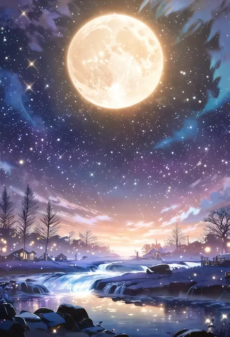 a painting of a river with stars and moon in the sky, concept art inspired by tosa mitsuoki, pixiv contest winner, best quality,...