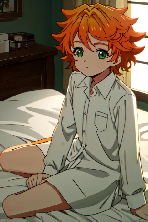 orange hair girl, green eyes sitting on a bed