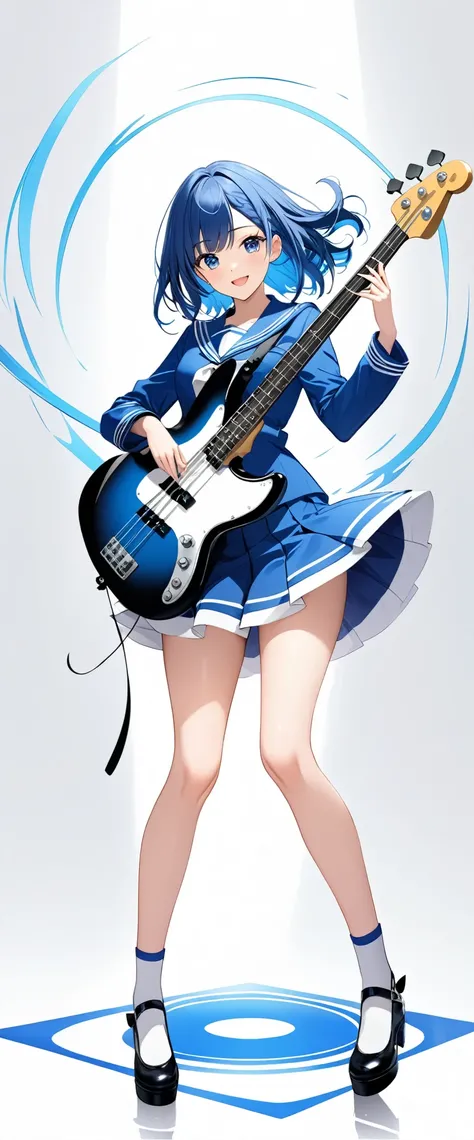 (((White background:1.5)))、(((The subject and base are captured in their entirety.:1.5))),(((full body:1.5)))、(masterpiece、Ultra HD、Best Quality、Masterpiece、8k:1.5)、Slender body、(A beautiful high school girl playing an electric bass),smile、 Highly detailed...