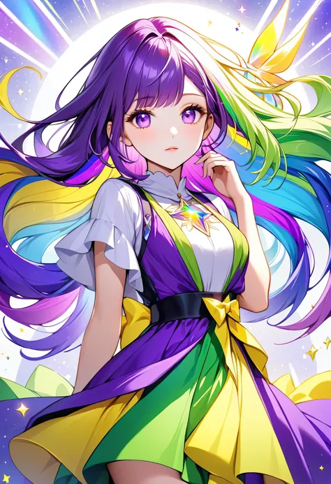 SNS　icon１GIRL"Use only the colors purple, green, yellow, and blue. No other colors are allowed. (Beautiful and aesthetic:1.2), (1 Girl:1.3), (Colorful hair in purple and green:1.2) Wearing a colorful dress in shades of purple and yellow, Cosmoiracle, God B...