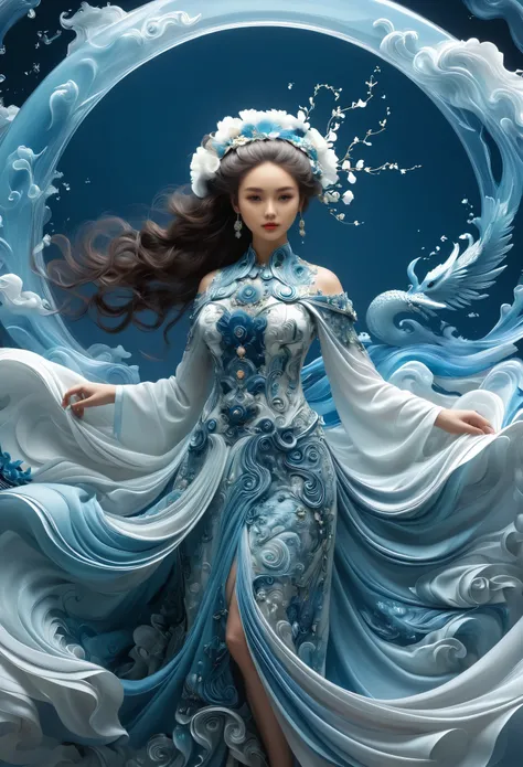 illustration、Chinese Mythology、woman、Dress、assassin、Flying skirt、line、spiral、Chinese classical elements、Solid color background、Dark style、