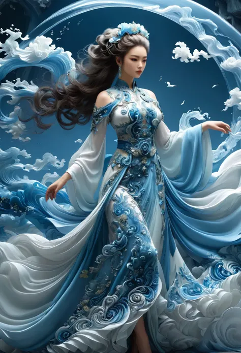 illustration、Chinese Mythology、woman、Dress、assassin、Flying skirt、line、spiral、Chinese classical elements、Solid color background、Dark style、
