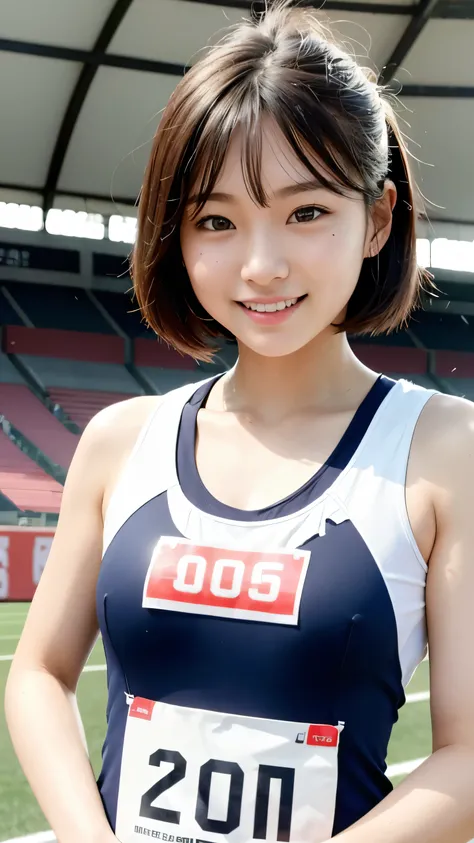 Highest quality、Realistically、Radiant Skin、Japanese women、Around 20 years old、Gravure idol、Athletics stadium with spectators、Track events、Roman numerals on the bib、Track and field uniforms with manufacturer logo、A refreshing smile、