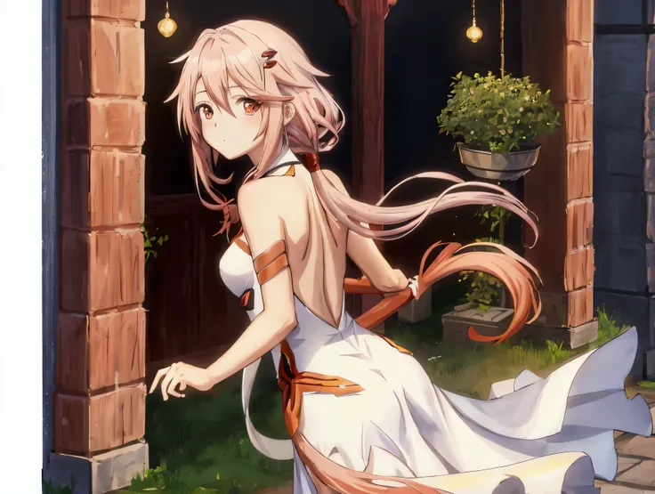 Anime girl, yuzuriha inori from guilty crown, (cat tail), ((wearing white dress)), holding a shoping bascket, look back, on the medival market, masterpiece, best quality,