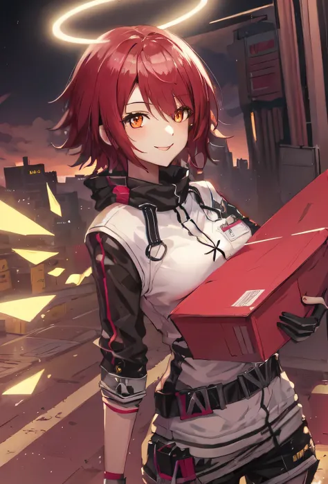 (Safety:1.10), One Anime Girl, smile, A cheerful expression, (Exia_Arknights:1.10), (dynamic), Jump, Cowboy Shot, Carrying cardboard, View your viewers, The background is cyberpunk, night