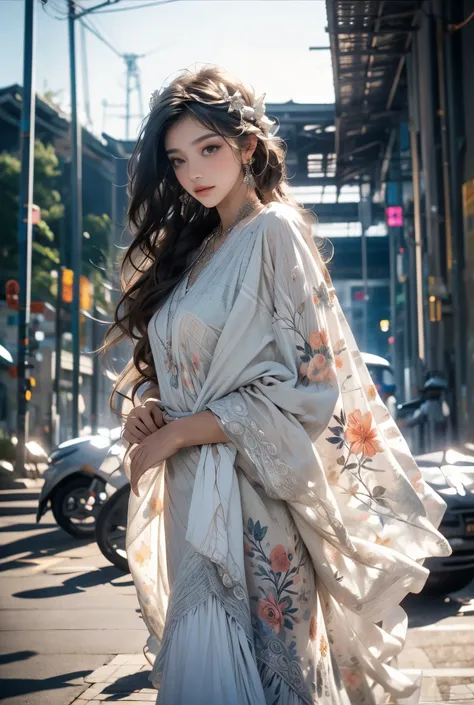 intricate hair accessory, long wavy hair, white detailed fabric with floral embroidery, wrapped in a shawl, outdoor urban setting, soft natural lighting, muted color tones, calm and elegant atmosphere.