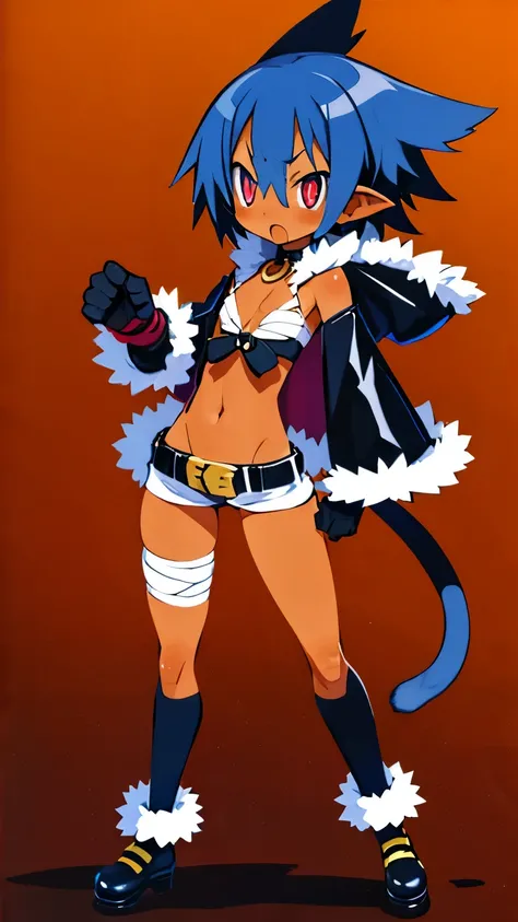 Pygmy, slender, grumpy, cat eyes, triangular mouth, red cheeks, short, messy blue hair, slightly pointed ears, amber eyes, black pupils, dark skin, tan lines, bandages, vest, hot pants, choker, leather gloves, leather shoes, belt, hooded robe, loincloth, f...