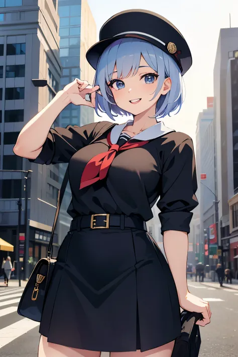 anime girl with whistle in hand , police officer , in a big city , short hair , smiling 