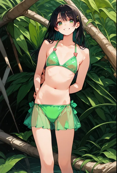  woman in a シースルーGreen Bikini posing for a picture, Green Bikini, young Swimsuit model, Green see-through swimsuit, Wearing two swimsuits,Very thin body,rib cage, Photo of a very slim young female model, Young and slim photo talent, Young Gravure Idol, Tin...