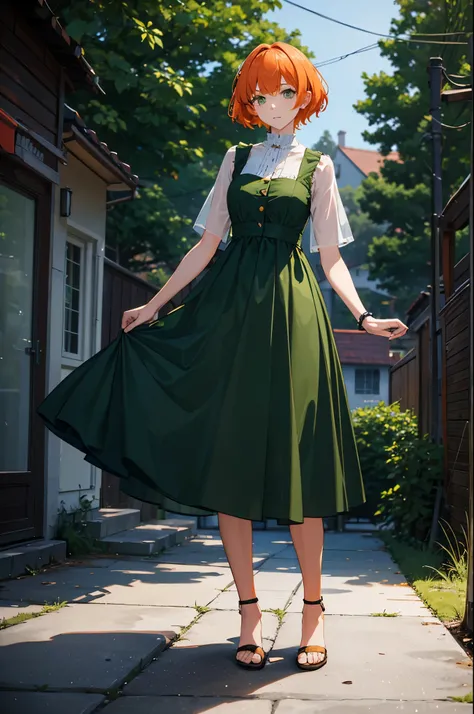 1woman, short orange hair, green eyes, tall, dress, standing on ground, high res, ultra sharp, 8K, masterpiece