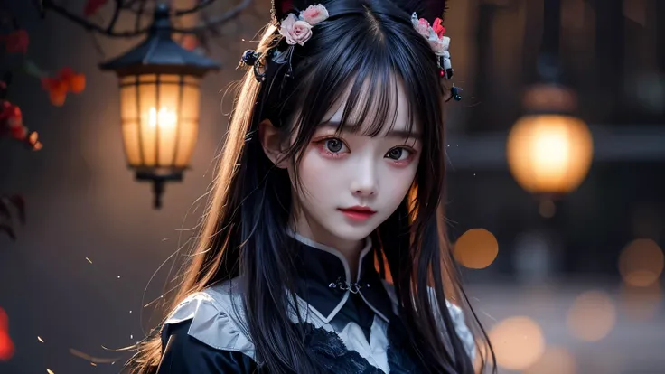 1girl, Chinese Ghost Festival，Nakaka Universe，Ghostly Breath，Light and dark of the night city，Detailed texture of spooky tree branches，A transparent ghost floats in the smoke，Lanterns hanging from a tree，There are flowers blooming there, Shade lighting，Bac...