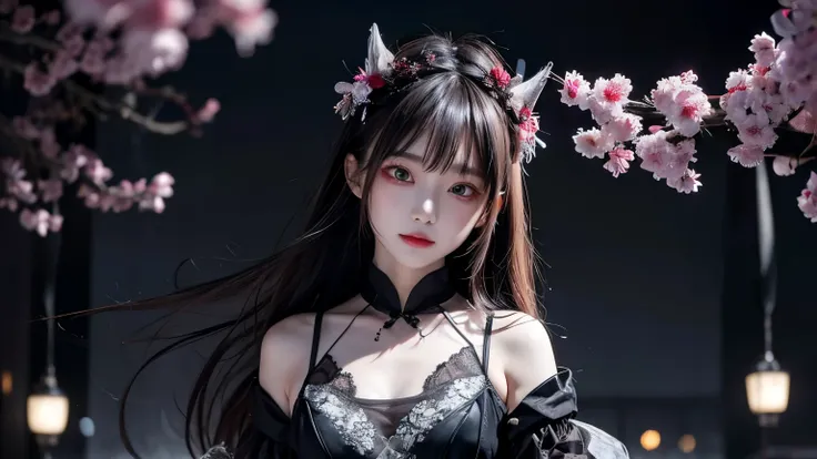 1girl, Chinese Ghost Festival，Nakaka Universe，Ghostly Breath，Light and dark of the night city，Detailed texture of spooky tree branches，A transparent ghost floats in the smoke，Lanterns hanging from a tree，There are flowers blooming there, Shade lighting，Bac...