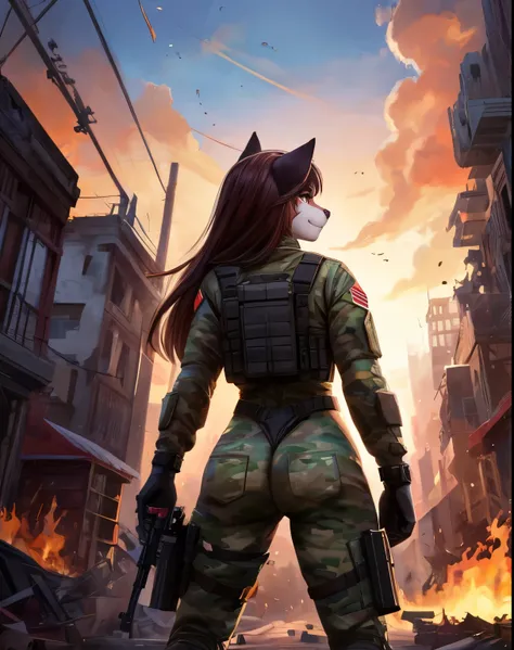 1girl, (smiling :1.1), (Best Quality, 8k, Masterpiece), big tits, big ass, thin waist, toned legs, cat girl, animal nose, red and white fur, long hair, wearing a green camouflage leotard, military bulletproof vest, military equipment, standing, dynamic pos...