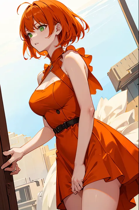 1woman, short orange hair, green eyes, tall, dress, standing on ground, high res, ultra sharp, 8K, masterpiece