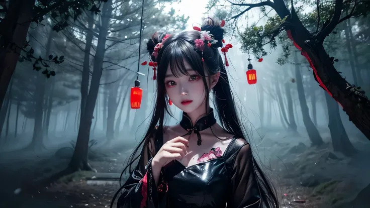 1girl, Chinese Ghost Festival，Nakaka Universe，Ghostly Breath，Light and dark of the night city，Detailed texture of spooky tree branches，A transparent ghost floats in the smoke，Lanterns hanging from a tree，There are flowers blooming there, Shade lighting，Bac...