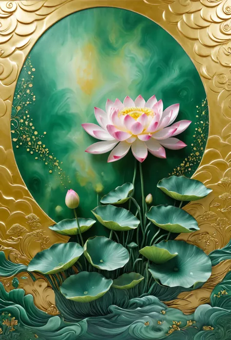 /i a mural painted with a gold patina. the artwork features a pattern with a lot of small tiny little abstract lotus flower with...