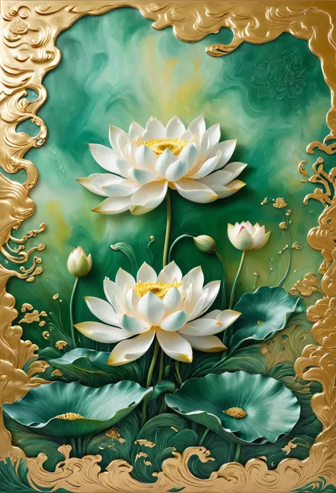 /I a mural painted with a gold patina. The artwork features a pattern with a lot of small tiny little abstract lotus flower with pearly reflections the design includes shades of green, pearly white and touches of pink. Golden background --ar 9:16 --tile --...