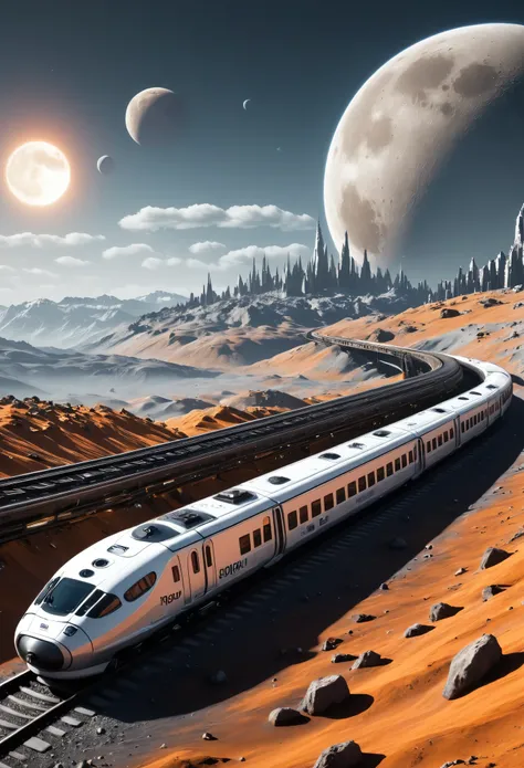 A train on the moon with buildings in front of it, rendered in the style of Unreal Engine, sci-fi and fantasy art, space station architecture, silver white and orange colors, with earth behind it. The scene is a panoramic view with high resolution and deta...