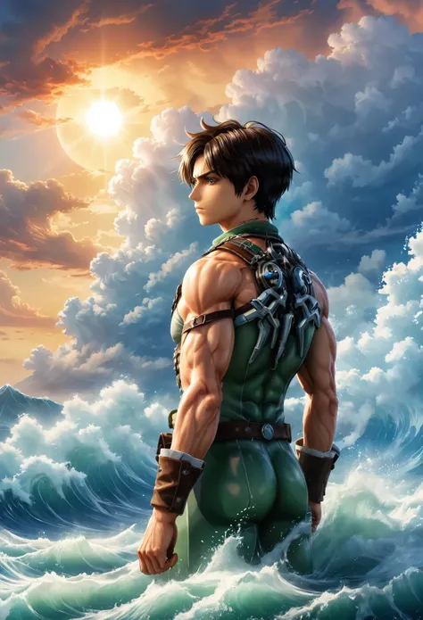create a high-quality image of Eren Yeager from Attack on Titan anime standing on the Shiganshina wall and watching the ocean on a sunny day, huge cumulonimbus clouds in the beautiful sky, the sun rays reflecting on the water of the ocean waves, and the im...