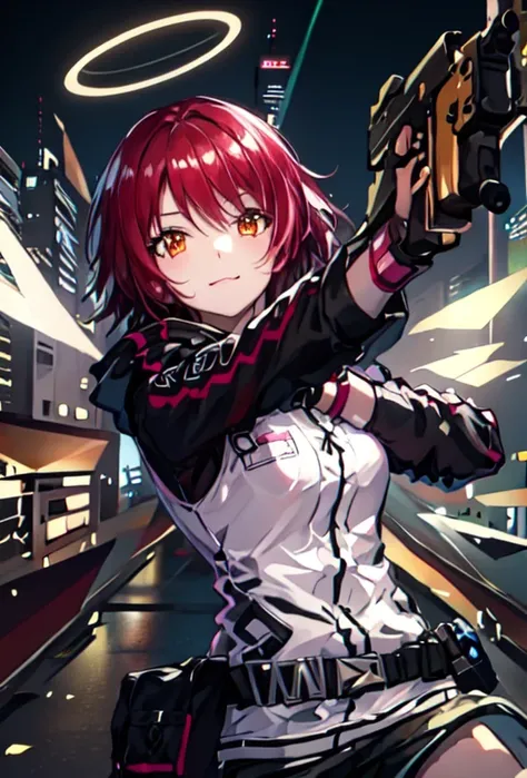 (Safety:1.10), One Anime Girl, smile, Mysterious look, Hair swaying, Show whole body, Pointing a gun at the viewer, Teasing expression, (Exia_Arknights:1.10), (dynamic), Holding a HK416 gun, View your viewers, The background is cyberpunk, night