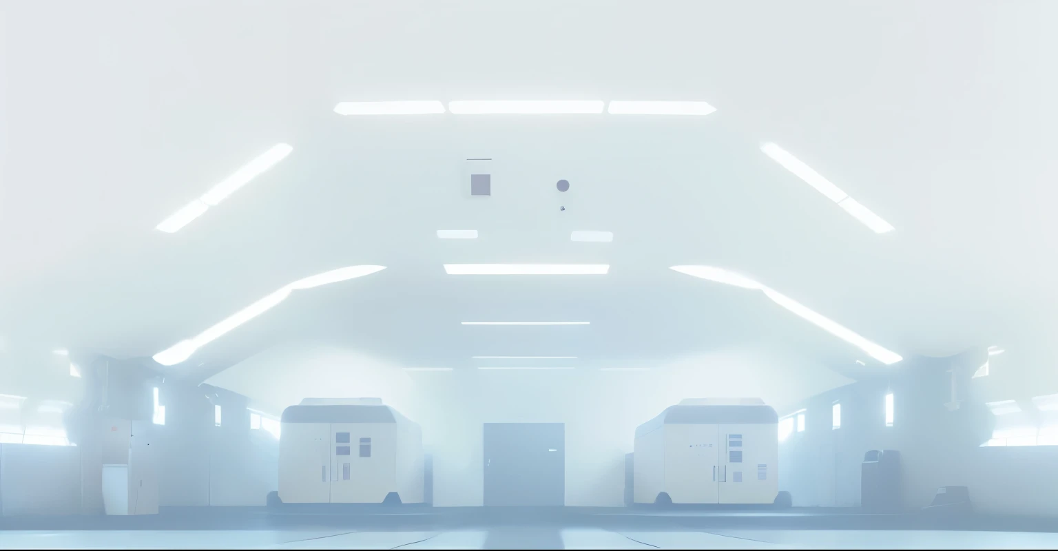 There is a big car factory，There is a display stand in the middle， room background,, hall, corridor, background, Game CG, volumetric lighting, space ship interrior