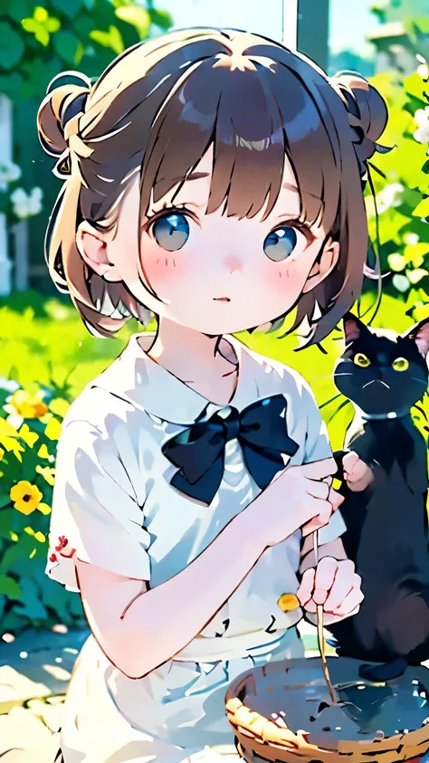 best quality、black catを抱く女の子、cute、brown hair tied in a bun、black cat、natural look、long shot、natural light