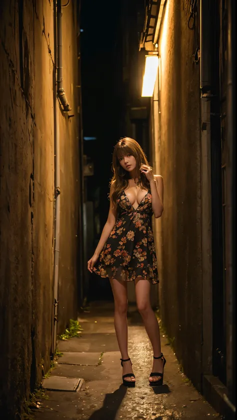 Full Body Shot、Outdoor、masterpiece、Best Quality、High resolution、Realistic、In a dark alley at night、A woman wearing a see-through orange floral dress standing alone by the wall in a narrow alley on a dark night、A beautiful 1 girl leaning against a wall in f...