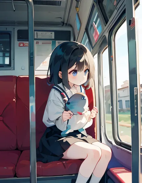 Alice Style，Big eyes, Anime girl sitting on the bus looking at the fish tank