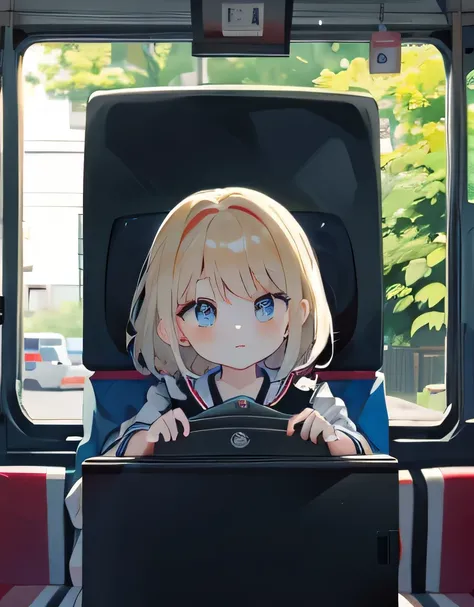 Alice Style，Big eyes, Anime girl sitting on the bus looking at the fish tank