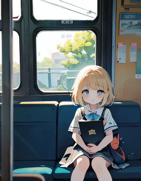 Alice Style，Big eyes, Anime girl sitting on the bus looking at the fish tank