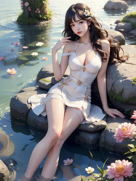 Special clothes41,shirt,thighhighs,skirt,necktie, (High quality details), 1 girl, Solitary, Young women, Elegant Posture, ((night, moonlight)), (Curvy body，Lying in water naturally，River Water，rock, Relaxed expression), (Focus on natural body posture and c...