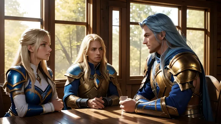 A muscular male warrior clad in gleaming blue armor from Demacia sits at a wooden table, his large frame towering over the others in the cozy, sunlit cabin. Across from him sits a female warrior with large, expressive eyes, her armor lighter but adorned wi...