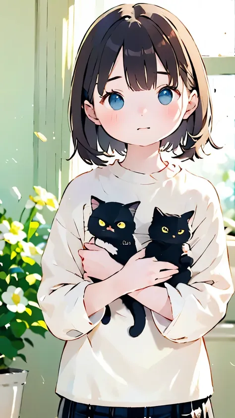 best quality、black catを抱く女の子、cute、brown hair、french plaid、black cat、lucky cat、natural look、long shot、natural light