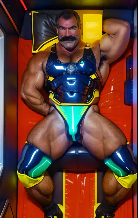 full body portrait, strong burly hairy mature older man(space captain), wearing futuristic captains uniform insignia (neon and black) (open and revealing) (latex) , gray hair, broad shoulders, round belly, thick feet, bulging micro thong, barefoot, scifi s...