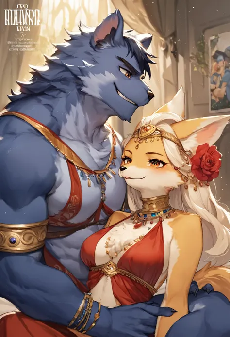 rating_safe, score_9, score_8_up, score_7_up, score_6_up, score_5_up, score_4_up, source_furry, highres, e621, cover page, movie poster, highres(1girl, 1boy, couple, kemono, furry anthro, fearless smile, Arab national costume, love romance)The Arabian Nigh...