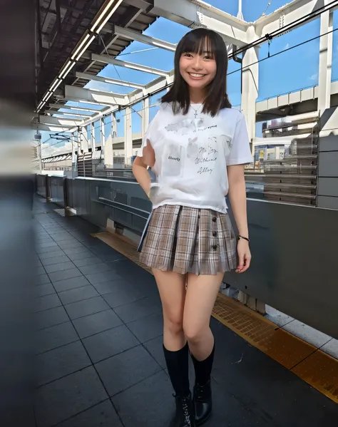 Super detailed,Best Quality,One high school girl,Looking at me from the station platform,White short sleeve top,Pleated skirt,Black boots,Posing for a photo