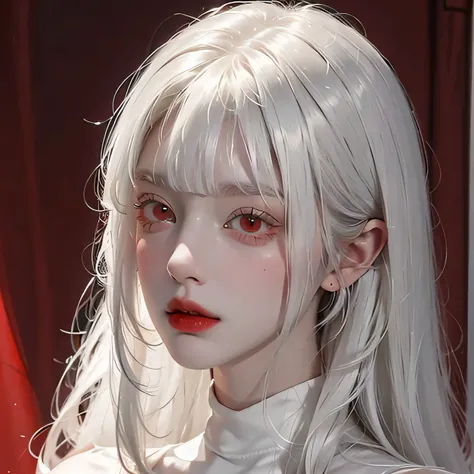 Analog style, RED eyes, white hair with straight bangs, red turtleneck , feminine, female, delicate, sexy, beautiful, badass, ethereal