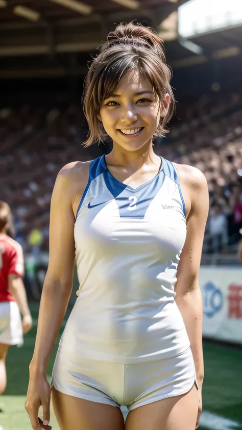 (Japanese female soccer players、Girl in uniform、Stadium、Celebrating a goal)、(Realistic、As shown in the picture、Live Action、8k, Realistic, RAW Photos, Best image quality: 1.4), SLR camera、RAW Photos, Best Quality, Realistic, Highly detailed CG Unity 8k wall...