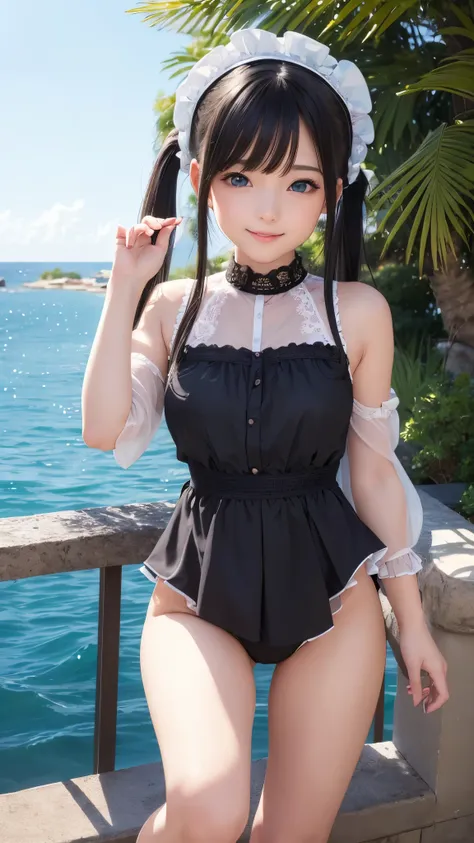 ((masterpiece)), ((highest quality、Ultra high definition)), (Very detailed),8K、Photo quality、((Amazingly cute girl))ld girl)), Two people, , (Beautiful emerald blue eyes), ((smile)),In the open-air bath overlooking the sea, Beautifully arranged black hair ...