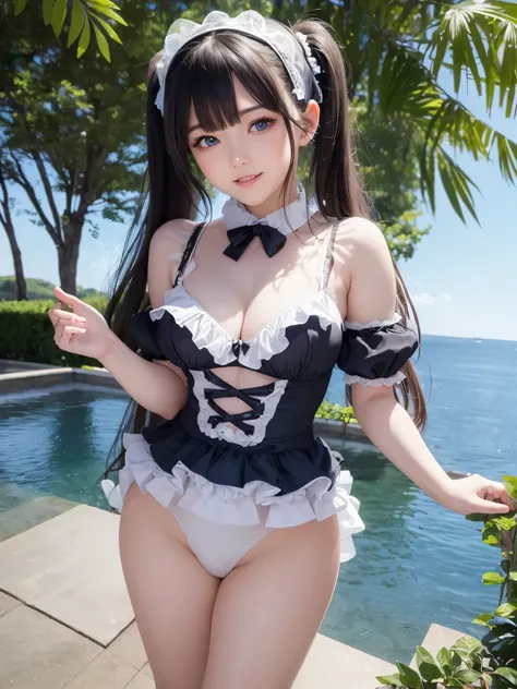 ((masterpiece)), ((highest quality、Ultra high definition)), (Very detailed),8K、Photo quality、((Amazingly cute girl))ld girl)), Two people, , (Beautiful emerald blue eyes), ((smile)),In the open-air bath overlooking the sea, Beautifully arranged black hair ...