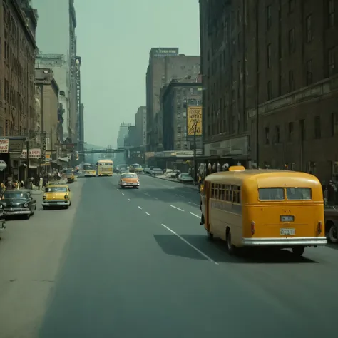 cinematic film still of  in year 1966,a city street with a bus and a bus stop,bama1966 style,outdoors,multiple boys,sky,day,grou...