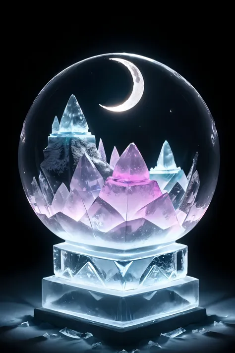 ((a moon ice sculpture made of ice)), dark, glimmer, bokeh, pink crystalloluminescence lighting