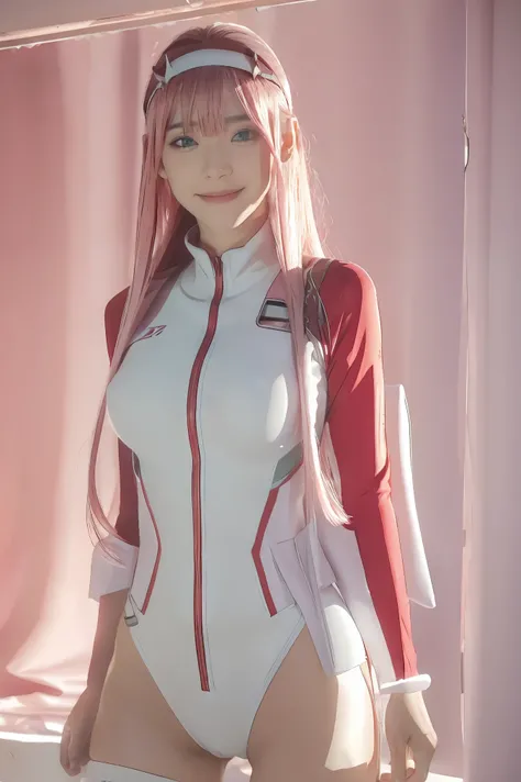 ((best quality)),((highly detailed)),masterpiece, detailed face,beautiful face,((detailed eyes, deep eyes)),(1girl),((dynamic pose)),   Zero_Two, green eyes, 1girl, solo, red bodysuit, long hair, pilot suit, pink hair, bodysuit, straight hair, hairband, st...