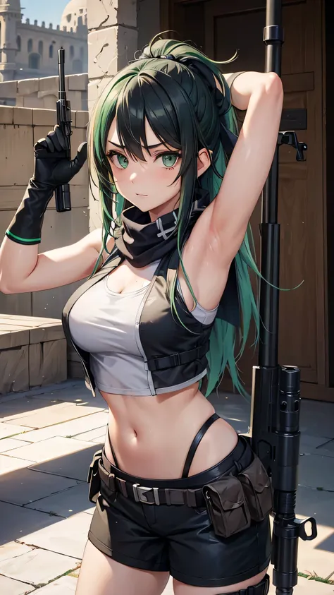 all realistic intrincate details, scarf, symmetrical face, cara identica a lalatina de konosuba, crop tank top, bulletproof vest, cargo pants, gloves, sniper rifle, scope, trigger discipline, desert, middle eastern architecture, must raised armpit, holding...