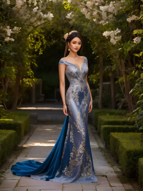 1 woman, age 25, intricate silk Chinese dress with lots of embroidery sheer with several large slits, no underwear, traditional hairstyle and Chinese makeup) wandering through a palace garden
masterpiece, best quality,Photorealistic, ultra-high resolution...