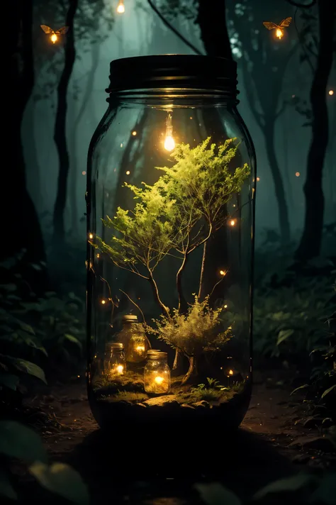 a dimly lit enchanting forest at night, mason jar glowing with ethereal fireflies, mesmerizing otherworldly atmosphere, highly d...