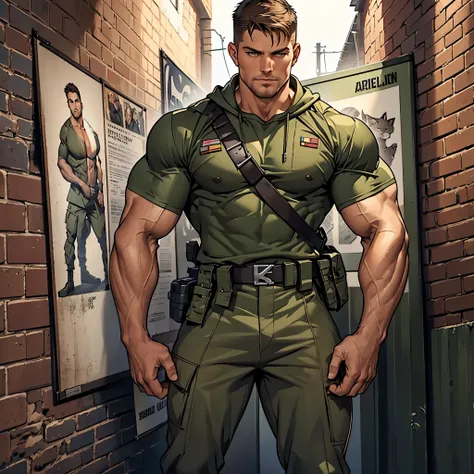 32k, high quality , detailed face , detailed hands , detailed muscles , stephen amell standing and posing as a military man ,standing with spread legs, showing his muscles HOLDING A CAT IN HIS HANDS, ((background brick wall with lot of army posters ))